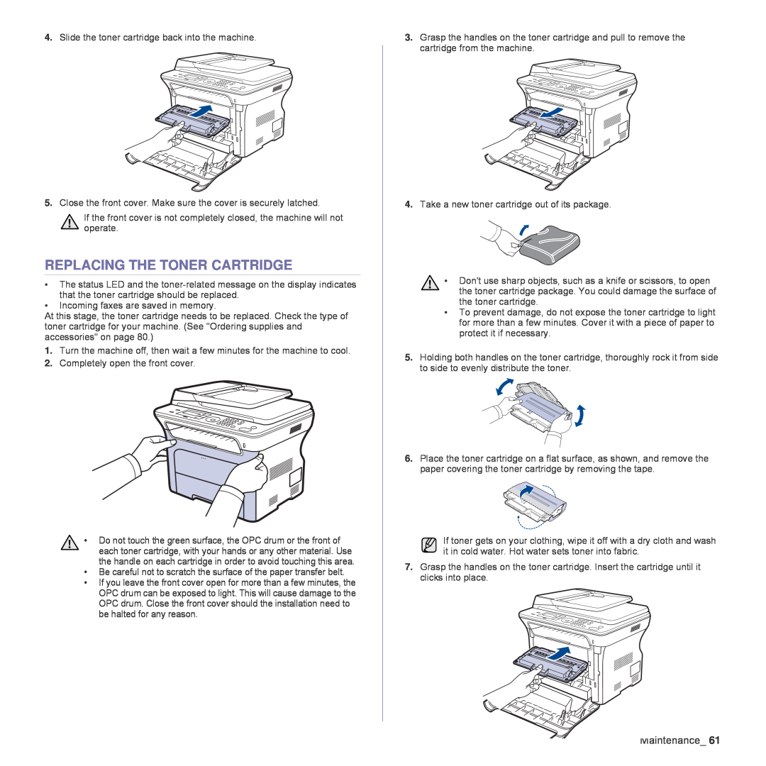Samsung SCX-4824FN, SCX-4828FN manual Replacing The Toner Cartridge 