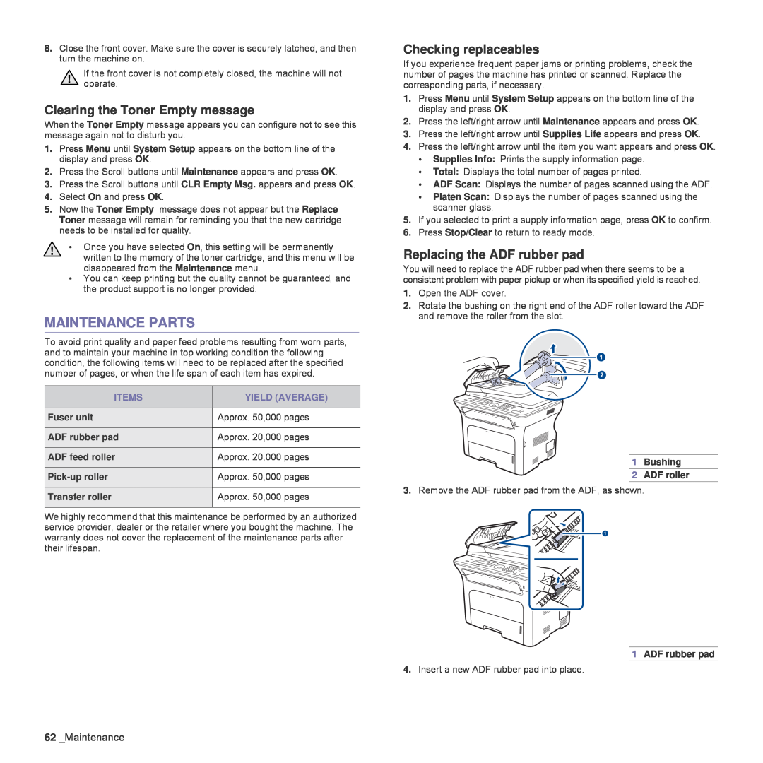 Samsung SCX-4828FN, SCX-4824FN manual Maintenance Parts, Clearing the Toner Empty message, Checking replaceables 