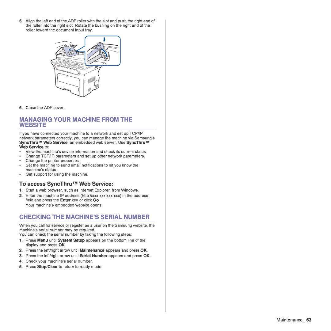 Samsung SCX-4824FN, SCX-4828FN manual Managing Your Machine From The Website, Checking The Machine’S Serial Number 