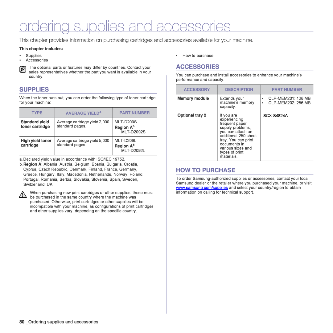 Samsung SCX-4828FN, SCX-4824FN manual ordering supplies and accessories, Supplies, Accessories, How To Purchase 