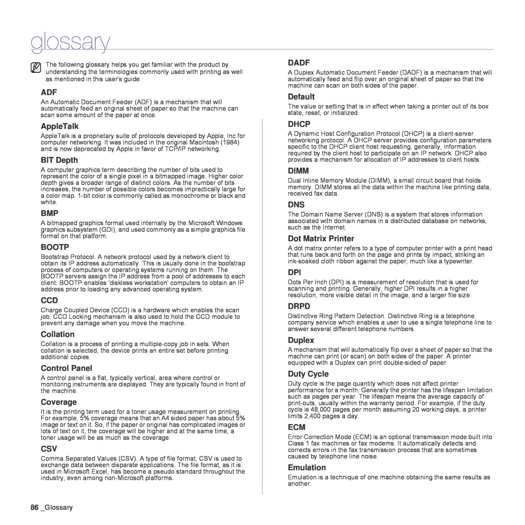 Samsung SCX-4828FN glossary, AppleTalk, BIT Depth, Bootp, Collation, Control Panel, Coverage, Dadf, Default, Dhcp, Dimm 