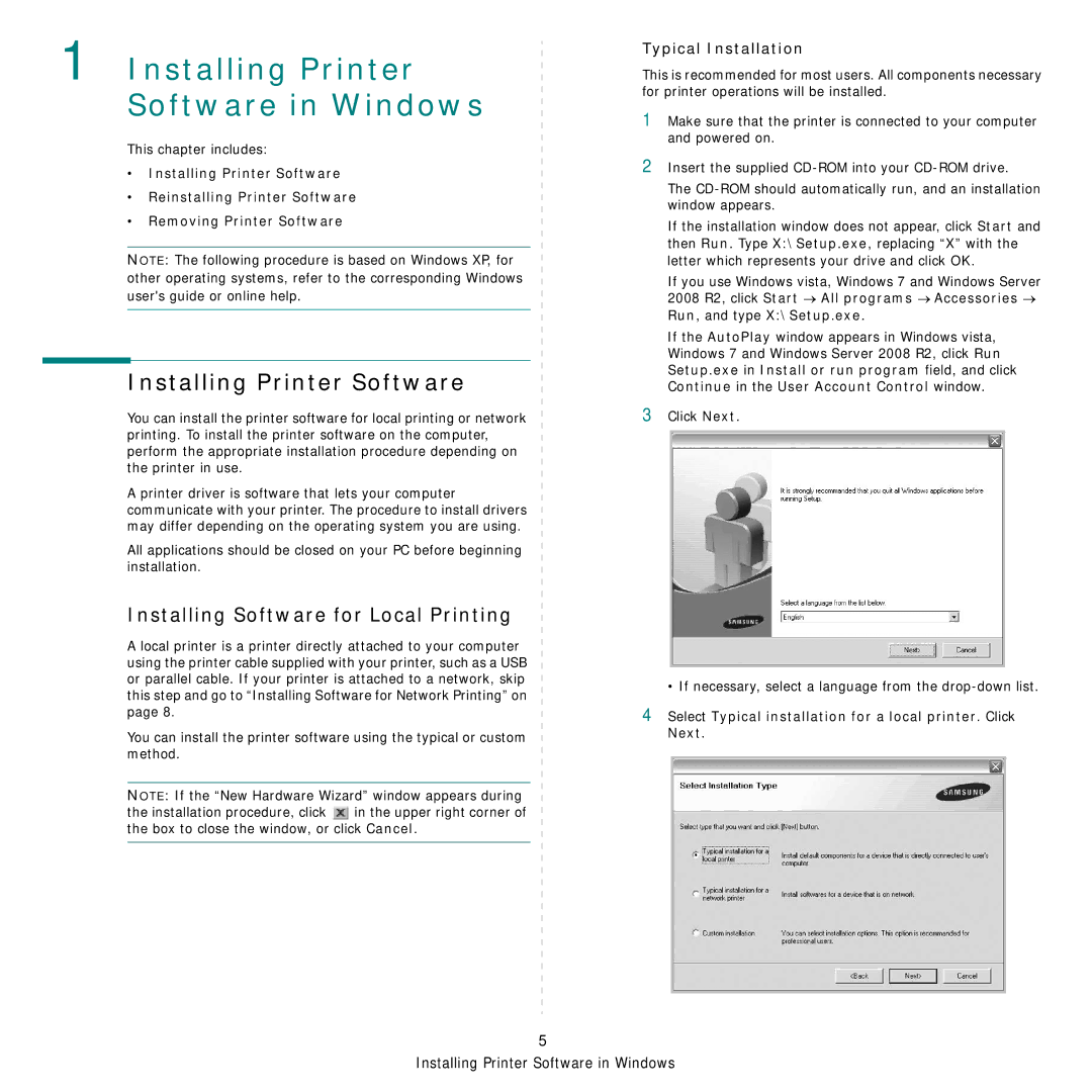 Samsung SCX-4x24 manual Installing Printer Software, Installing Software for Local Printing, Typical Installation 