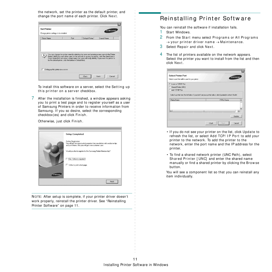 Samsung SCX-4x24 manual Reinstalling Printer Software 