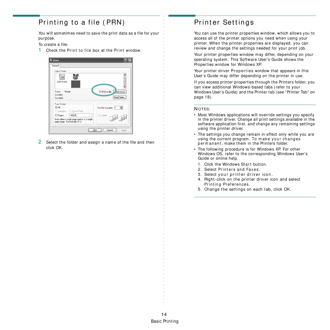 Samsung SCX-4x24 manual Printing to a file PRN, Printer Settings, Select Printers and Faxes Select your printer driver icon 