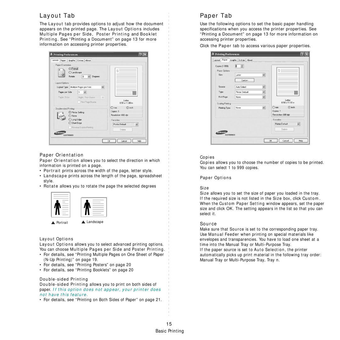 Samsung SCX-4x24 manual Layout Tab, Paper Tab, Paper Orientation, Source 