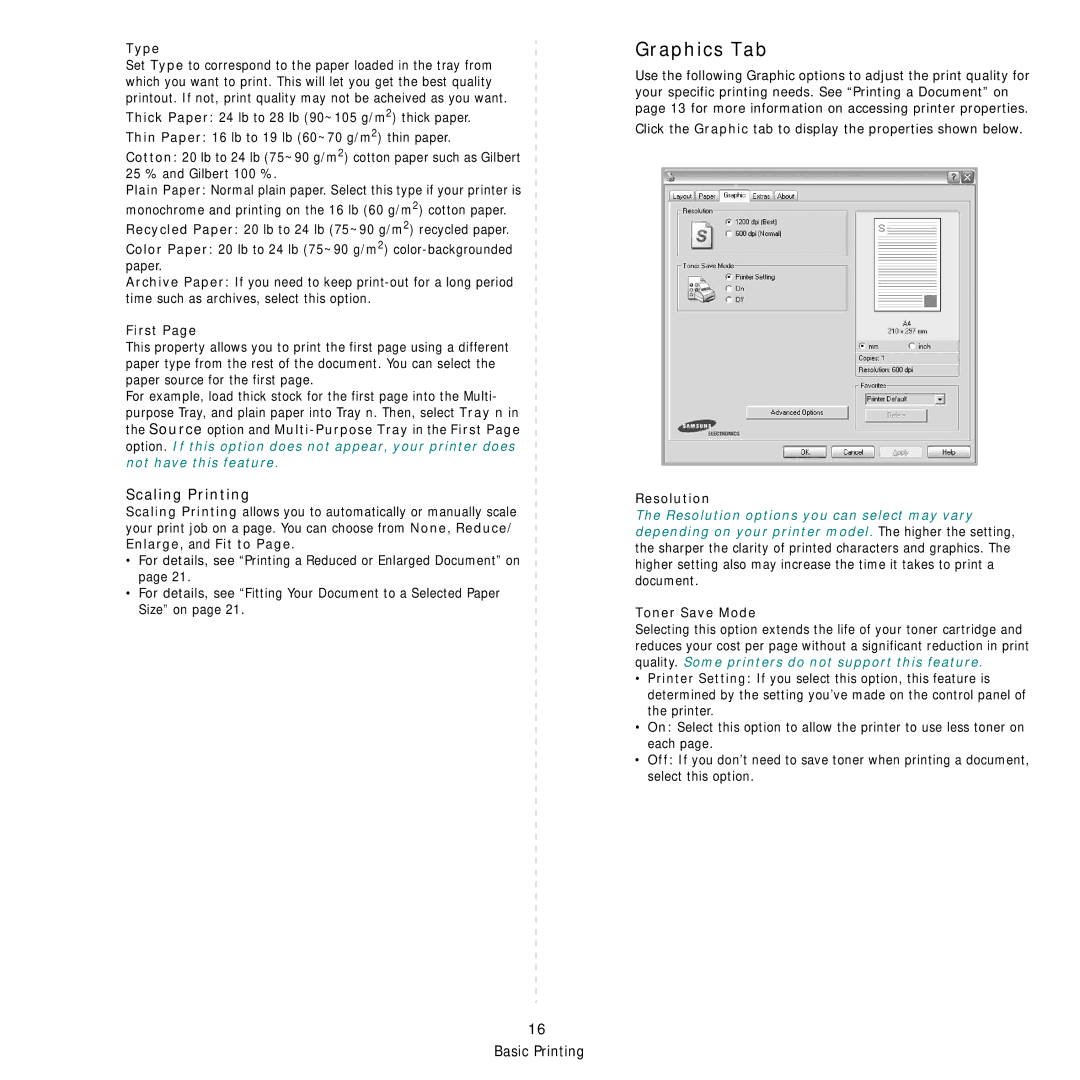 Samsung SCX-4x24 manual Graphics Tab, Scaling Printing 