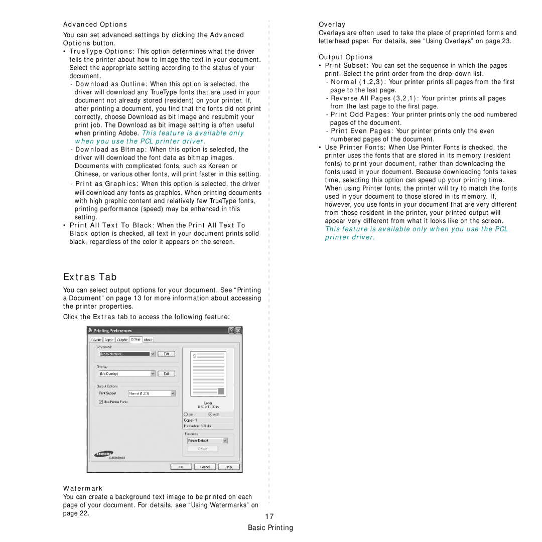 Samsung SCX-4x24 manual Extras Tab, Advanced Options, Watermark, Overlay, Output Options 