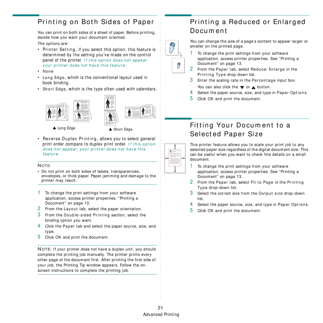 Samsung SCX-4x24 manual Printing on Both Sides of Paper, Printing a Reduced or Enlarged Document, None 