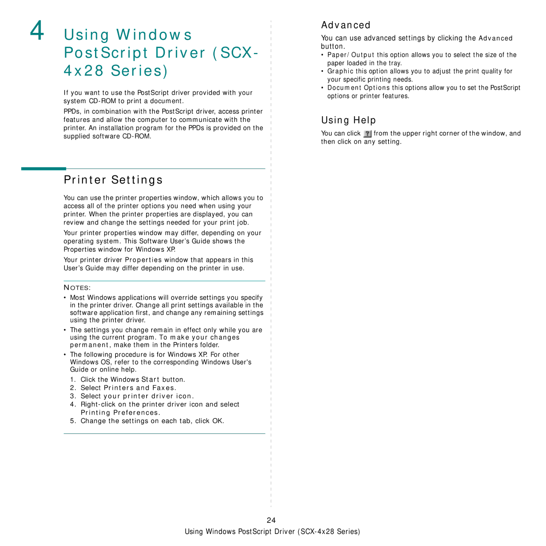 Samsung SCX-4x24 manual Using Windows PostScript Driver SCX 4x28 Series, Advanced 