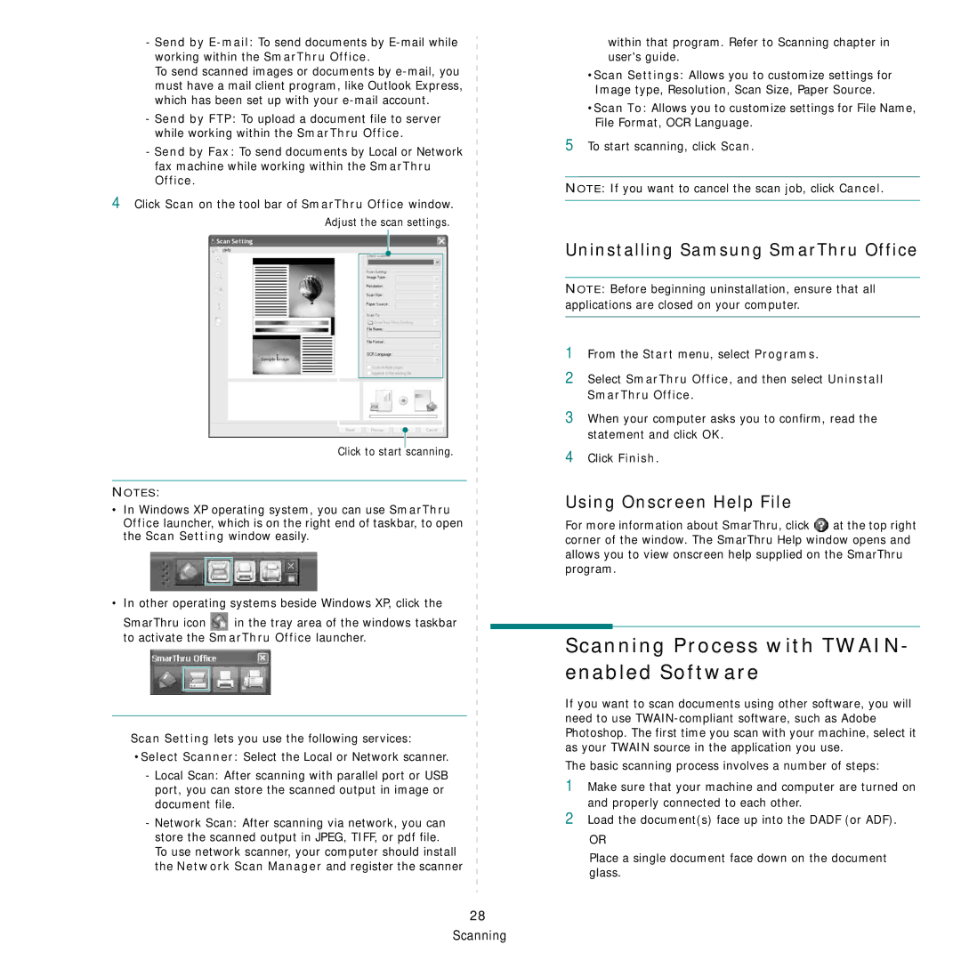 Samsung SCX-4x24 manual Scanning Process with TWAIN- enabled Software, Uninstalling Samsung SmarThru Office 