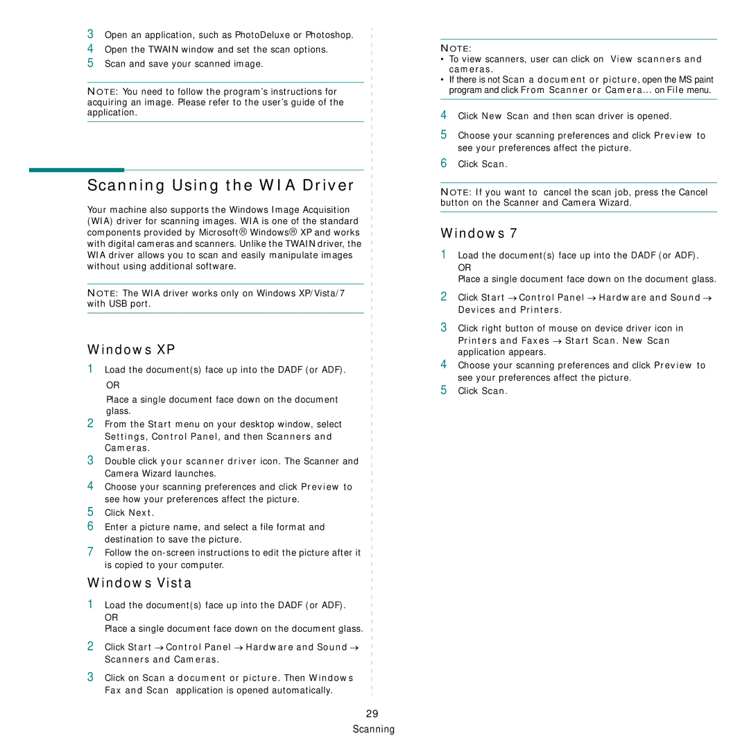 Samsung SCX-4x24 manual Scanning Using the WIA Driver, Windows XP, Windows Vista 