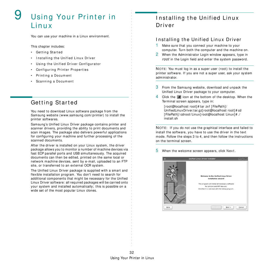 Samsung SCX-4x24 manual Getting Started, Installing the Unified Linux Driver 