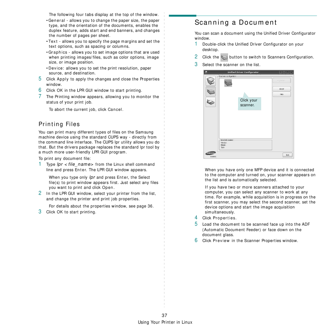 Samsung SCX-4x24 manual Scanning a Document, Printing Files, Click Properties 