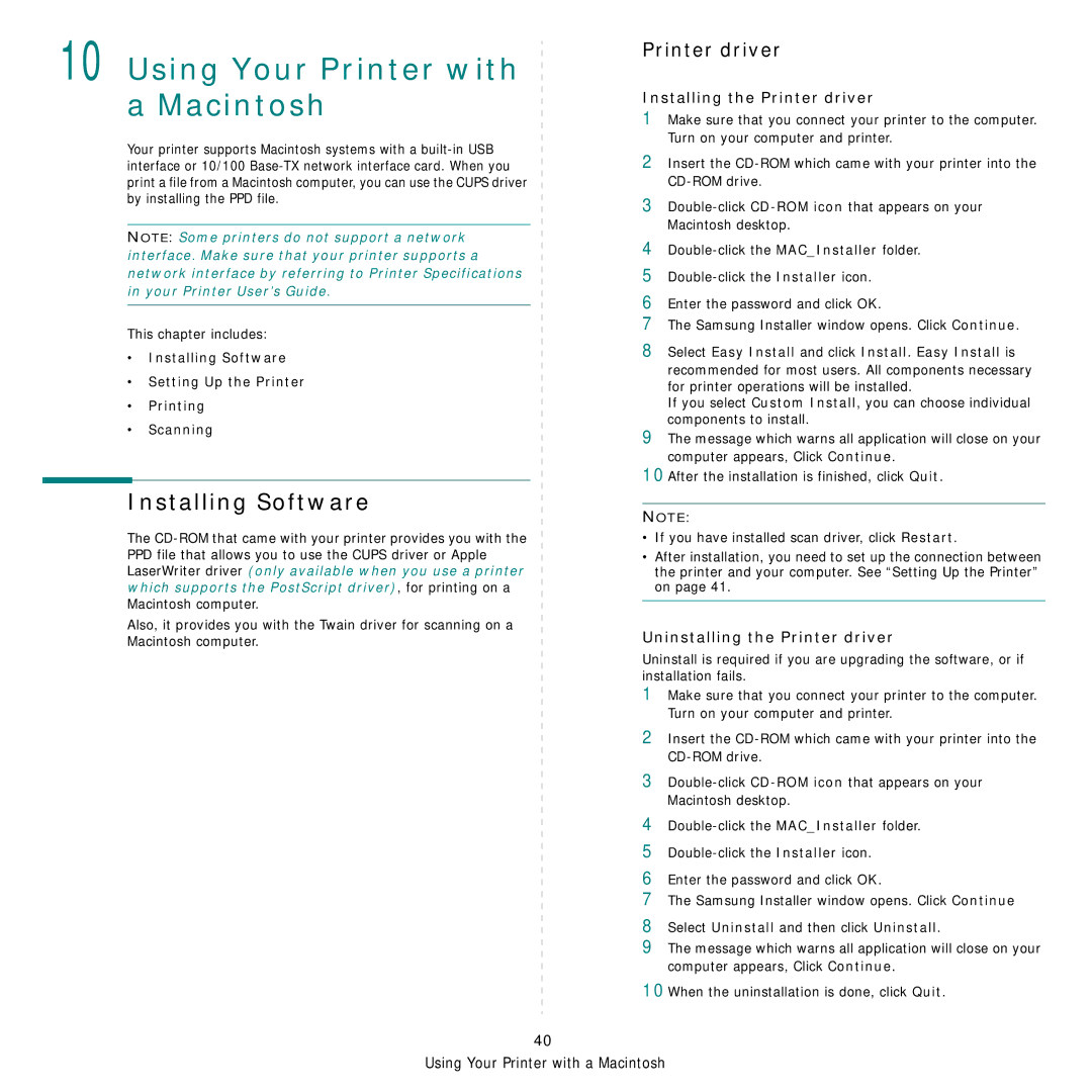 Samsung SCX-4x24 manual Installing Software, Installing the Printer driver, Uninstalling the Printer driver 