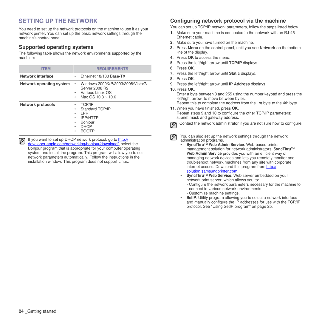 Samsung SCX-4x24 manual Setting UP the Network, Supported operating systems, Configuring network protocol via the machine 