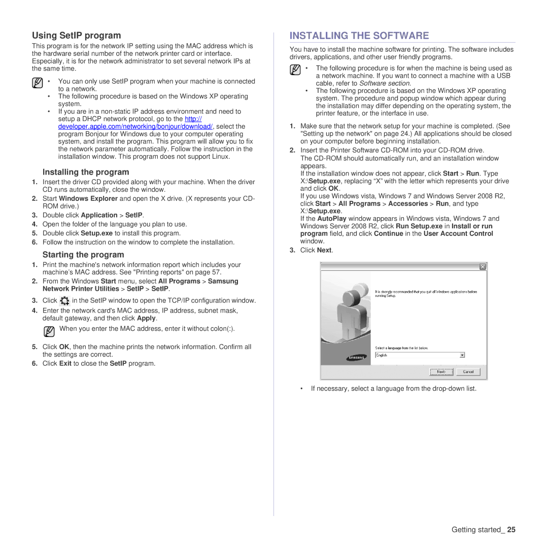 Samsung SCX-4x24 manual Installing the Software, Using SetIP program, Installing the program, Starting the program 