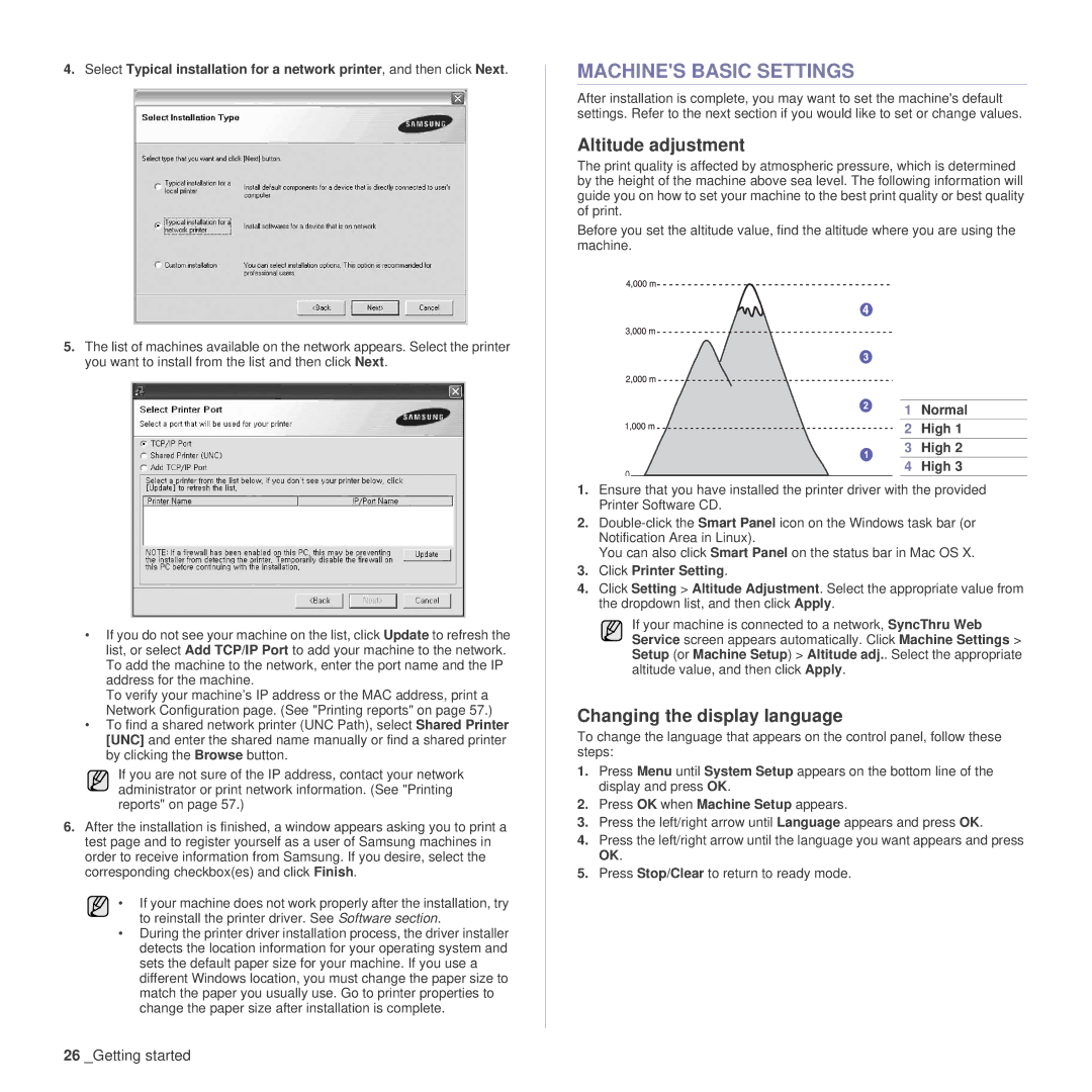Samsung SCX-4x24 manual Machines Basic Settings, Altitude adjustment, Changing the display language, Normal High 