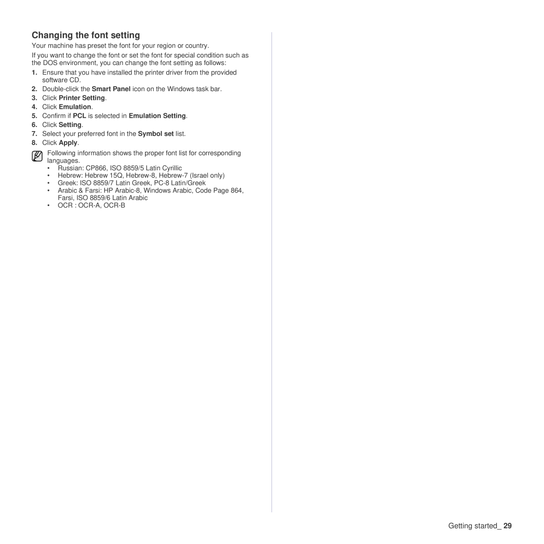 Samsung SCX-4x24 manual Changing the font setting, Click Printer Setting Click Emulation 