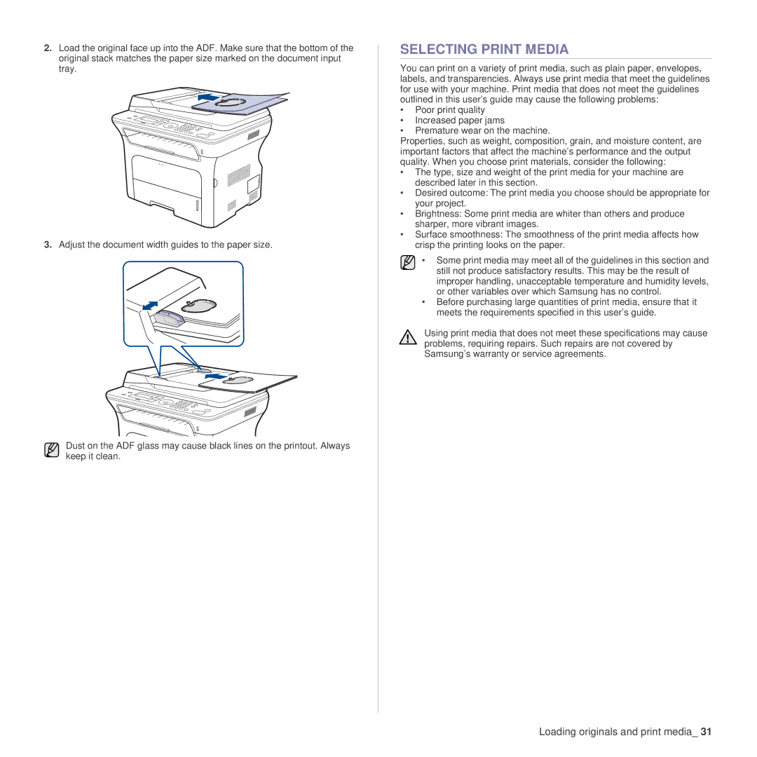 Samsung SCX-4x24 manual Selecting Print Media 