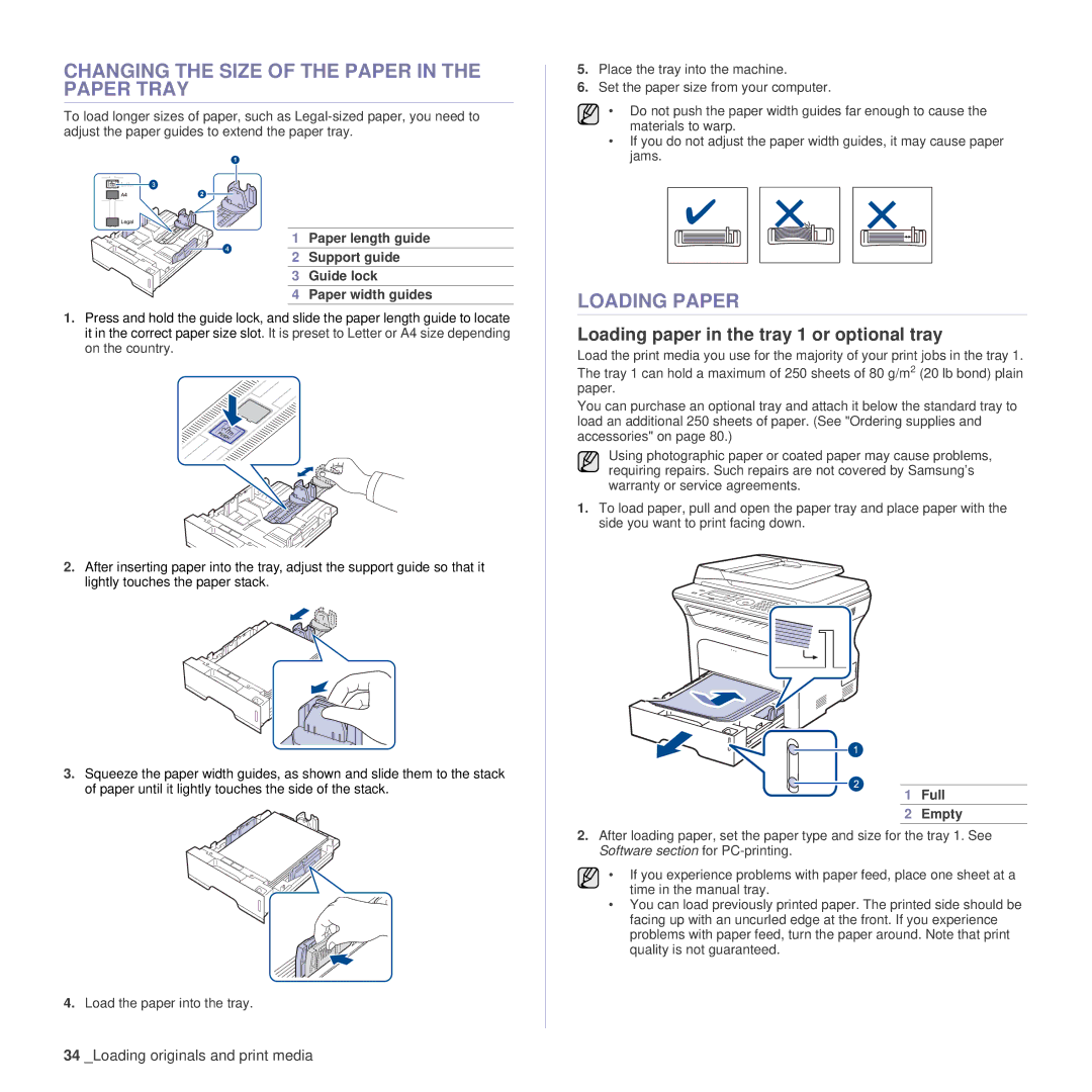 Samsung SCX-4x24 manual Changing the Size of the Paper in the Paper Tray, Loading Paper, Full, Empty 