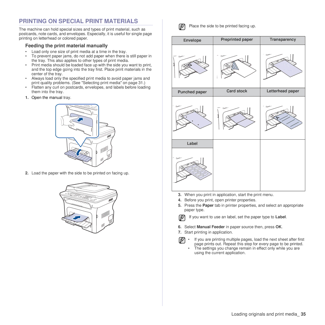 Samsung SCX-4x24 Printing on Special Print Materials, Feeding the print material manually, Punched paper Card stock, Label 