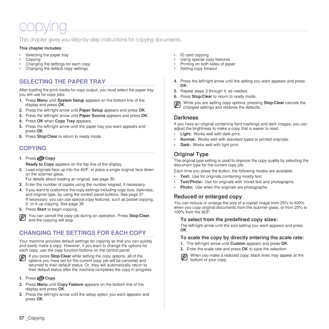 Samsung SCX-4x24 manual Copying, Selecting the Paper Tray, Changing the Settings for Each Copy 