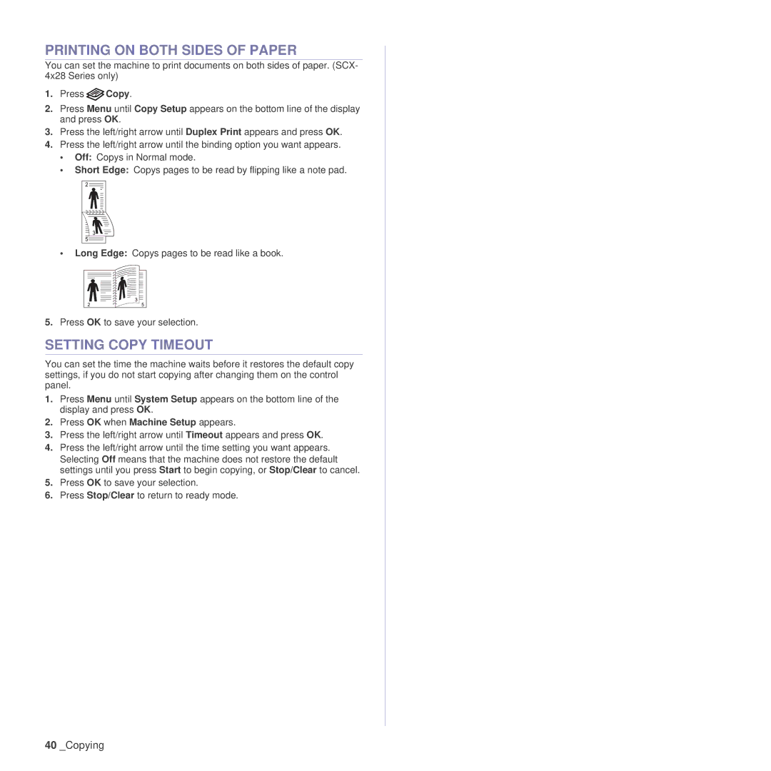 Samsung SCX-4x24 manual Printing on Both Sides of Paper, Setting Copy Timeout 