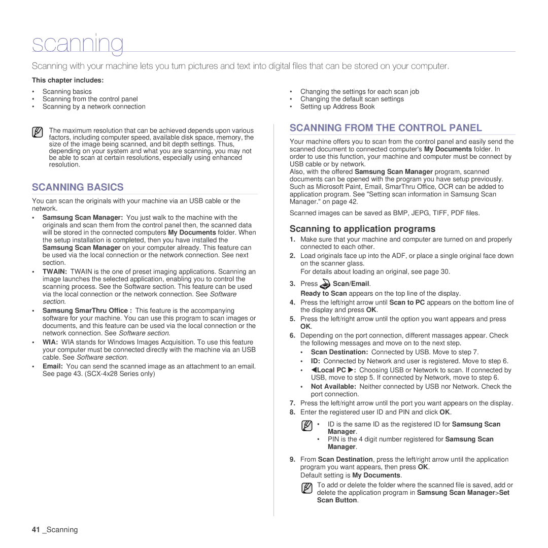 Samsung SCX-4x24 Scanning Basics, Scanning from the Control Panel, Scanning to application programs, Press Scan/Email 