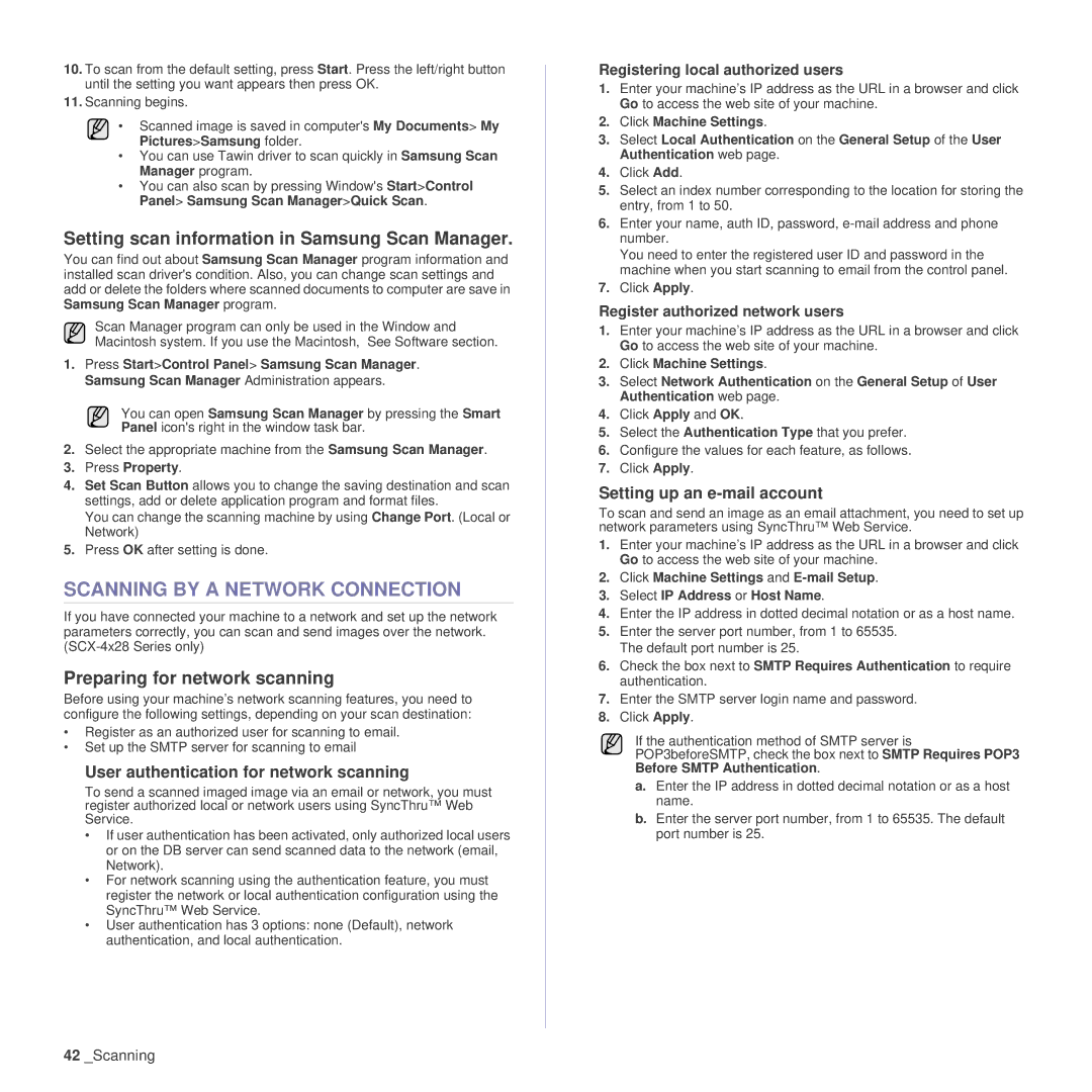 Samsung SCX-4x24 manual Scanning by a Network Connection, Setting scan information in Samsung Scan Manager 