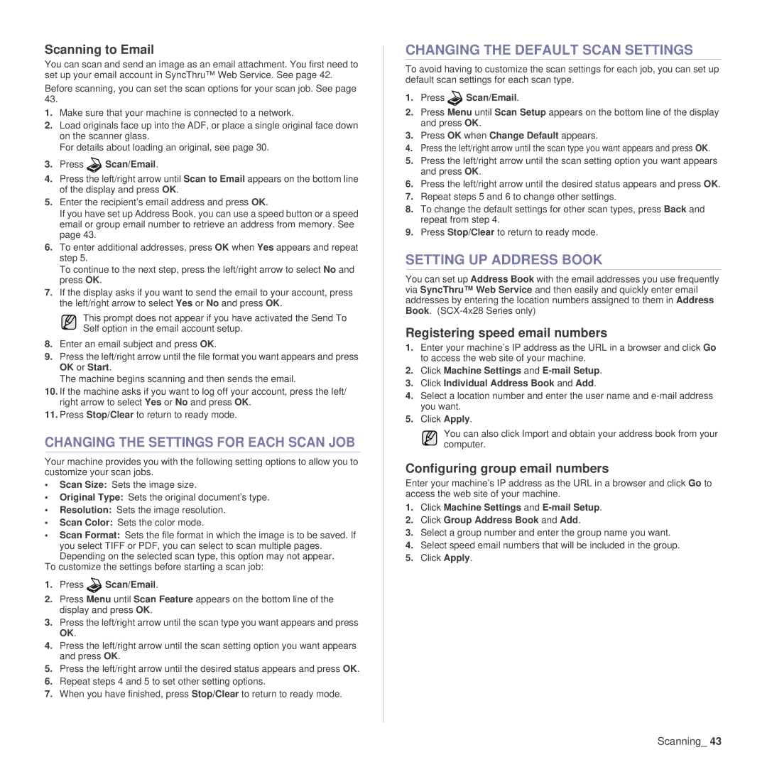 Samsung SCX-4x24 Changing the Settings for Each Scan JOB, Changing the Default Scan Settings, Setting UP Address Book 