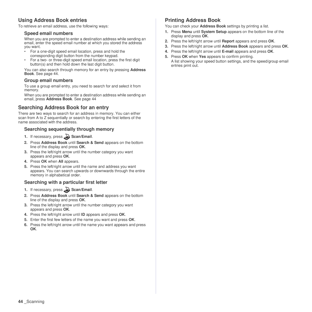 Samsung SCX-4x24 manual Using Address Book entries, Searching Address Book for an entry, Printing Address Book 