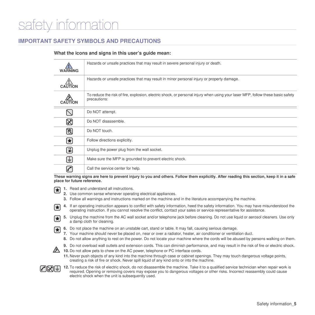 Samsung SCX-4x24 manual Safety information, Important Safety Symbols and Precautions 