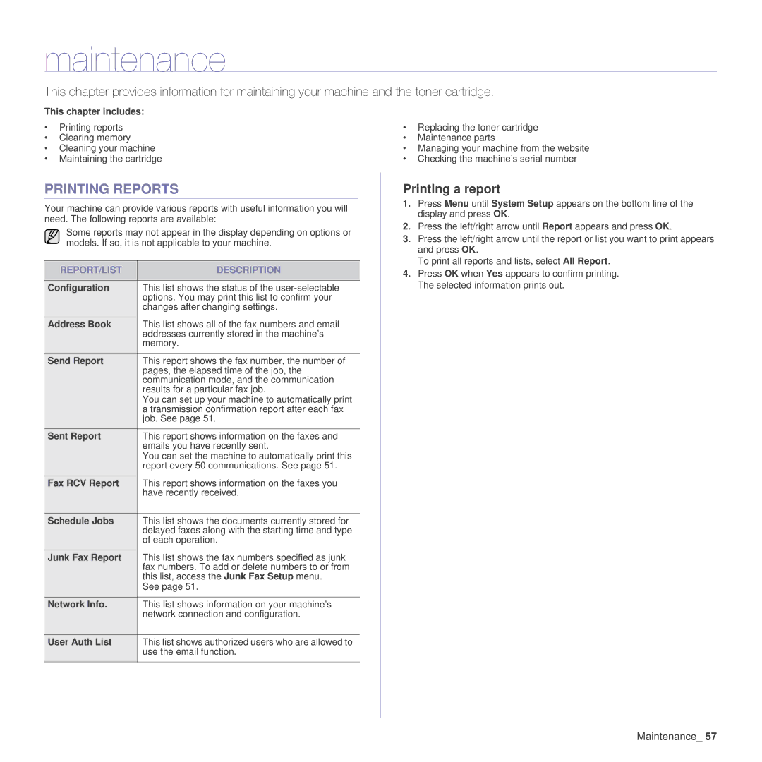 Samsung SCX-4x24 manual Maintenance, Printing Reports, Printing a report, REPORT/LIST Description, Junk Fax Report 