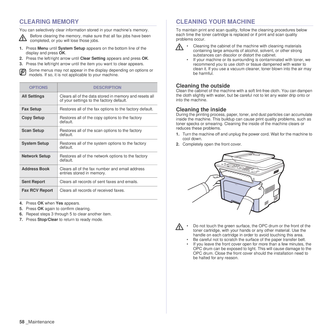 Samsung SCX-4x24 Clearing Memory, Cleaning Your Machine, Cleaning the outside, Cleaning the inside, Options Description 