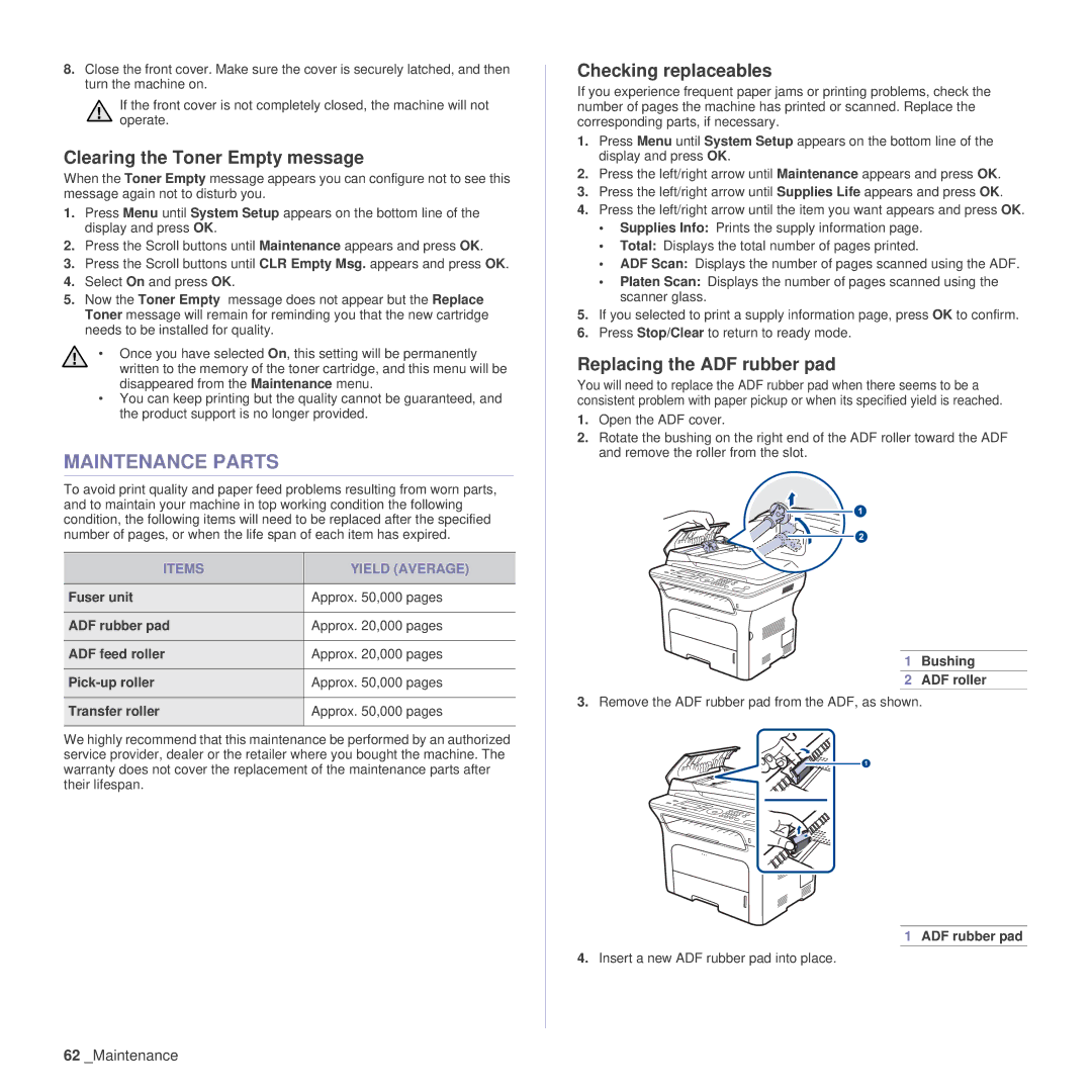 Samsung SCX-4x24 Maintenance Parts, Clearing the Toner Empty message, Checking replaceables, Replacing the ADF rubber pad 