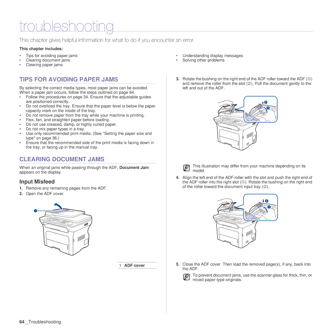 Samsung SCX-4x24 manual Troubleshooting, Tips for Avoiding Paper Jams, Clearing Document Jams, Input Misfeed 