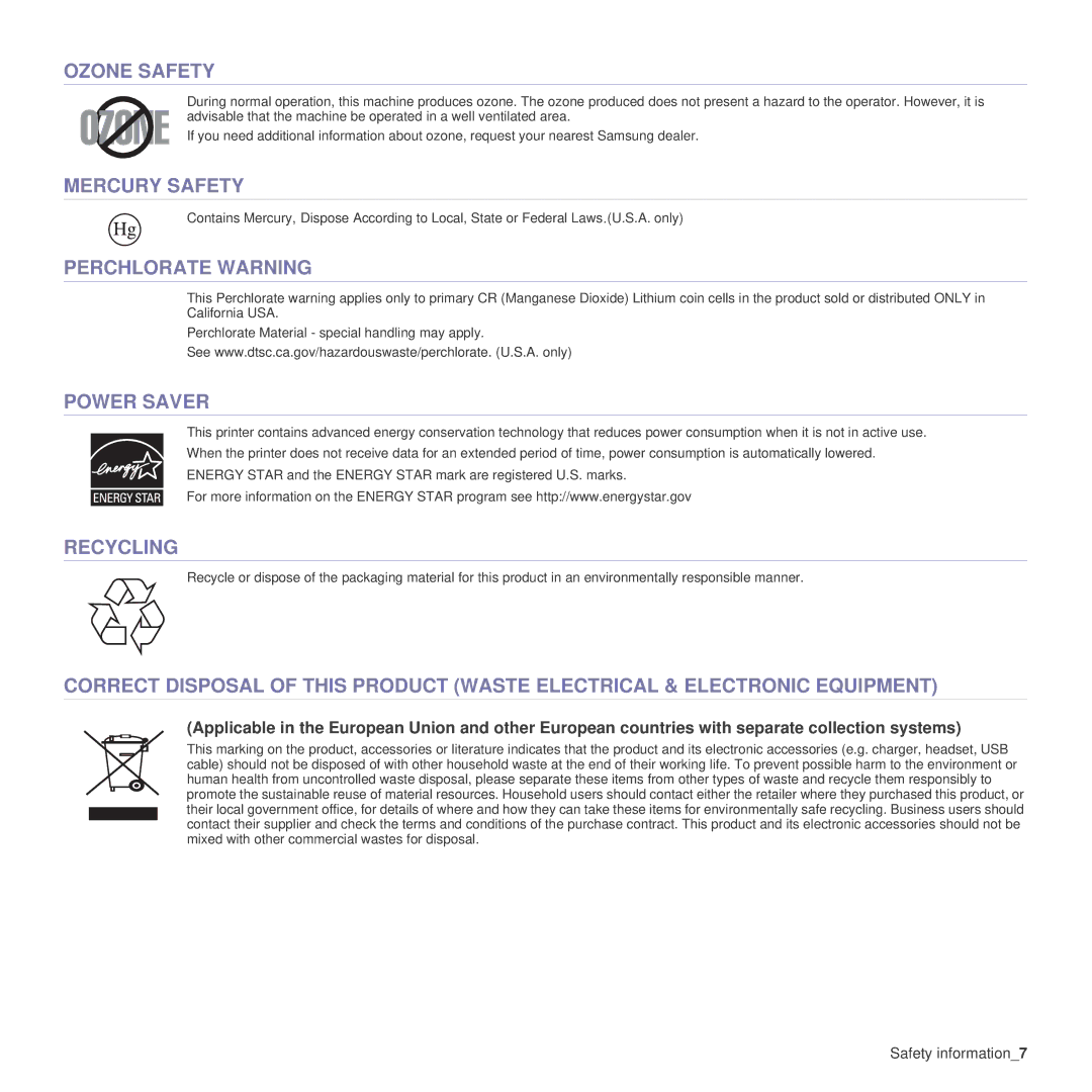 Samsung SCX-4x24 manual Ozone Safety, Mercury Safety, Perchlorate Warning, Power Saver, Recycling 