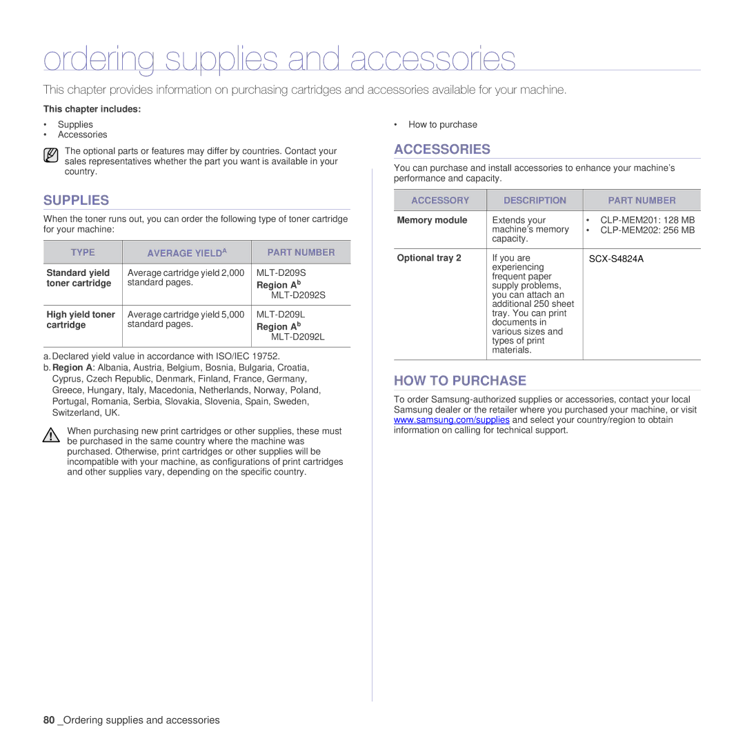 Samsung SCX-4x24 manual Ordering supplies and accessories, Supplies, Accessories, HOW to Purchase 