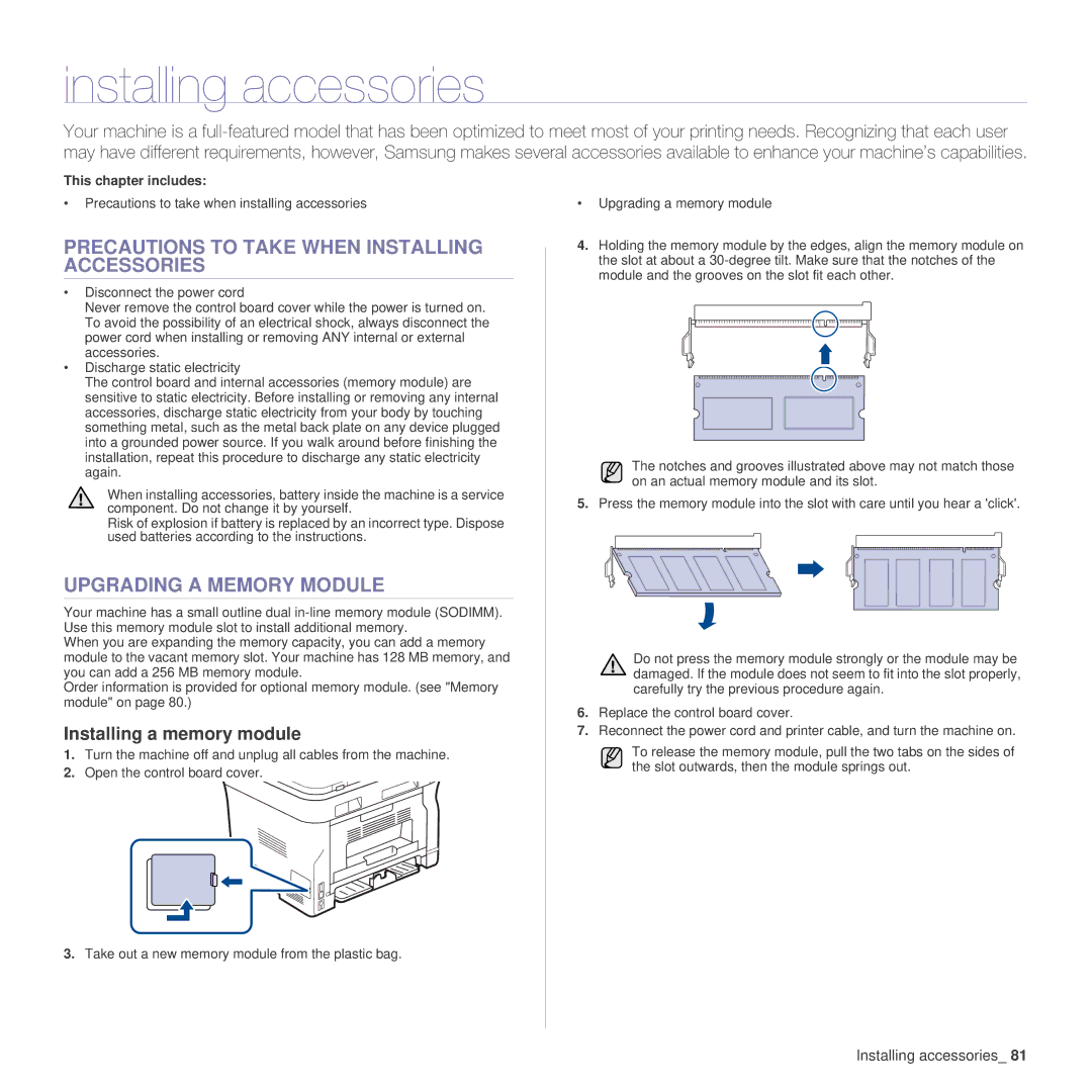 Samsung SCX-4x24 manual Installing accessories, Precautions to Take When Installing Accessories, Upgrading a Memory Module 