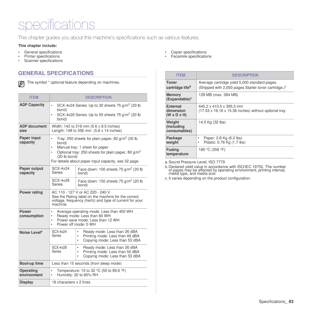 Samsung SCX-4x24 manual General Specifications 