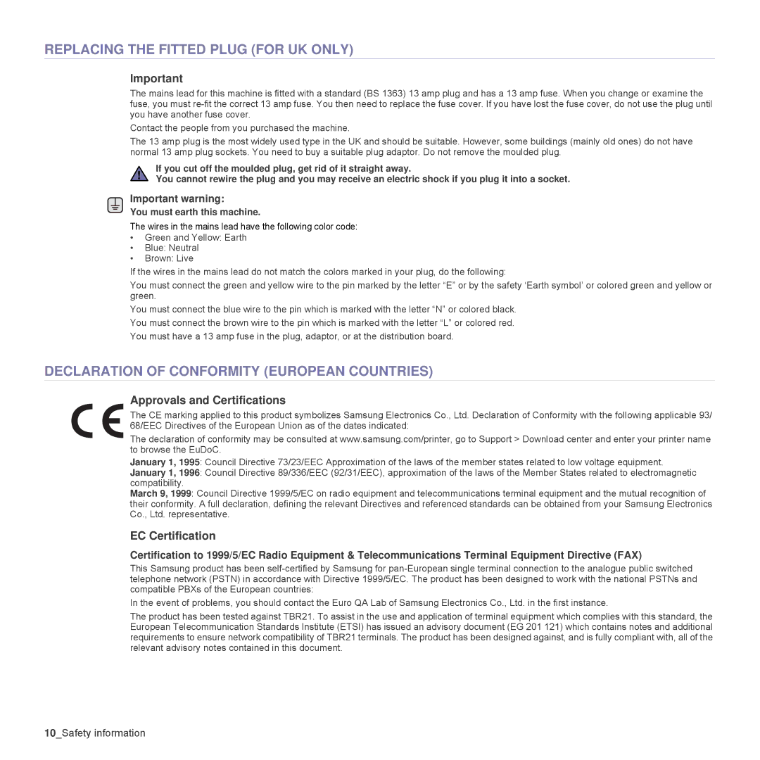 Samsung SCX-4x26 Replacing the Fitted Plug for UK only, Declaration of Conformity European Countries, EC Certification 