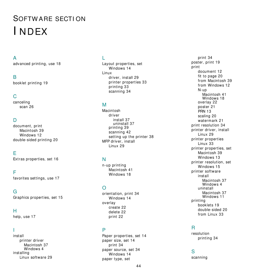 Samsung SCX-4x26, SCX4826FN manual Index 