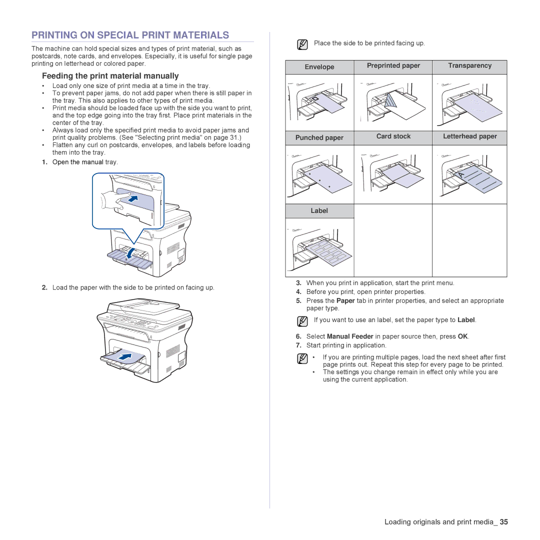 Samsung SCX4826FN Printing on Special Print Materials, Feeding the print material manually, Punched paper Card stock 