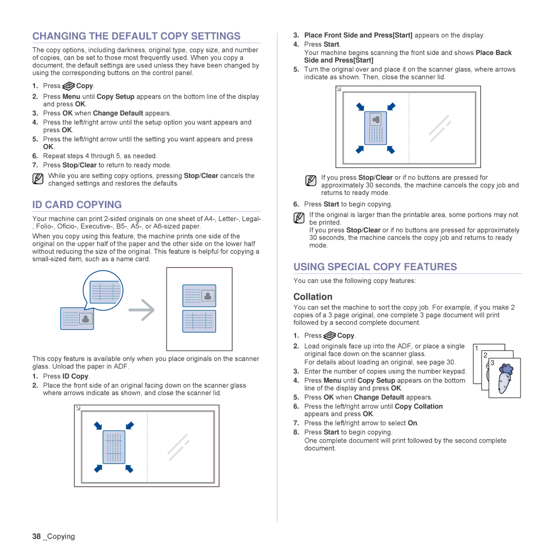 Samsung SCX-4x26, SCX4826FN Changing the Default Copy Settings, ID Card Copying, Using Special Copy Features, Collation 