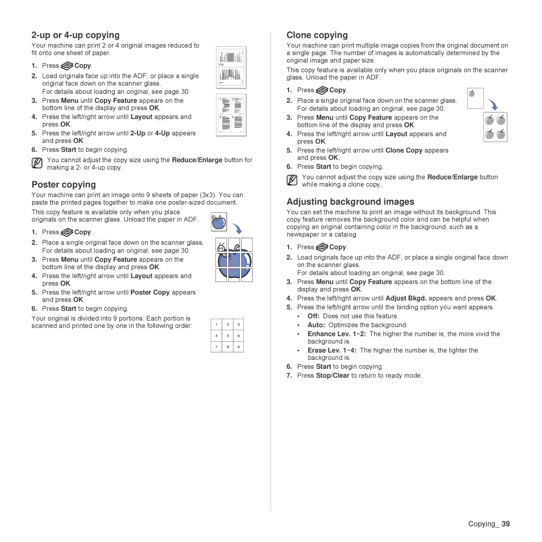 Samsung SCX4826FN, SCX-4x26 Up or 4-up copying, Poster copying, Clone copying, Adjusting background images, Press Copy 