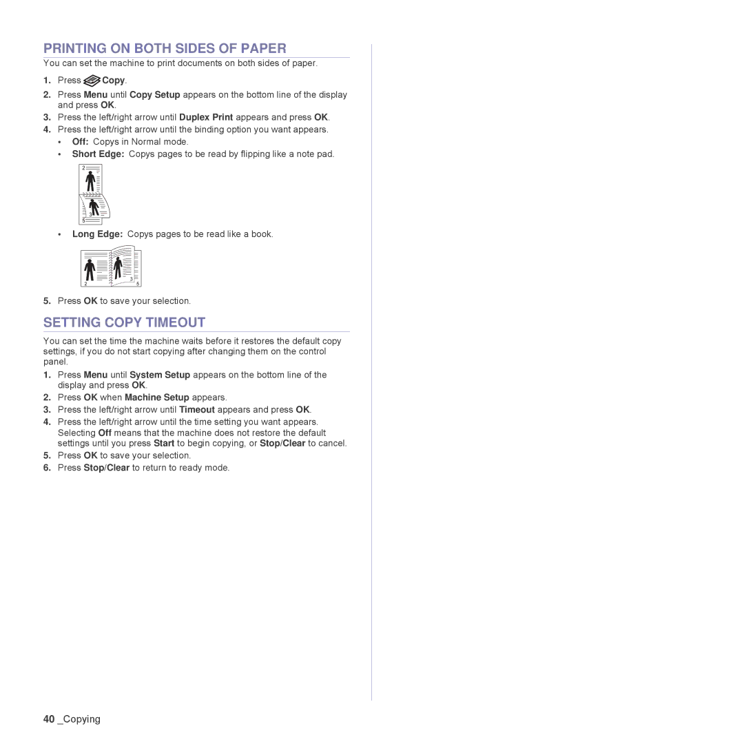 Samsung SCX-4x26, SCX4826FN manual Printing on Both Sides of Paper, Setting Copy Timeout 