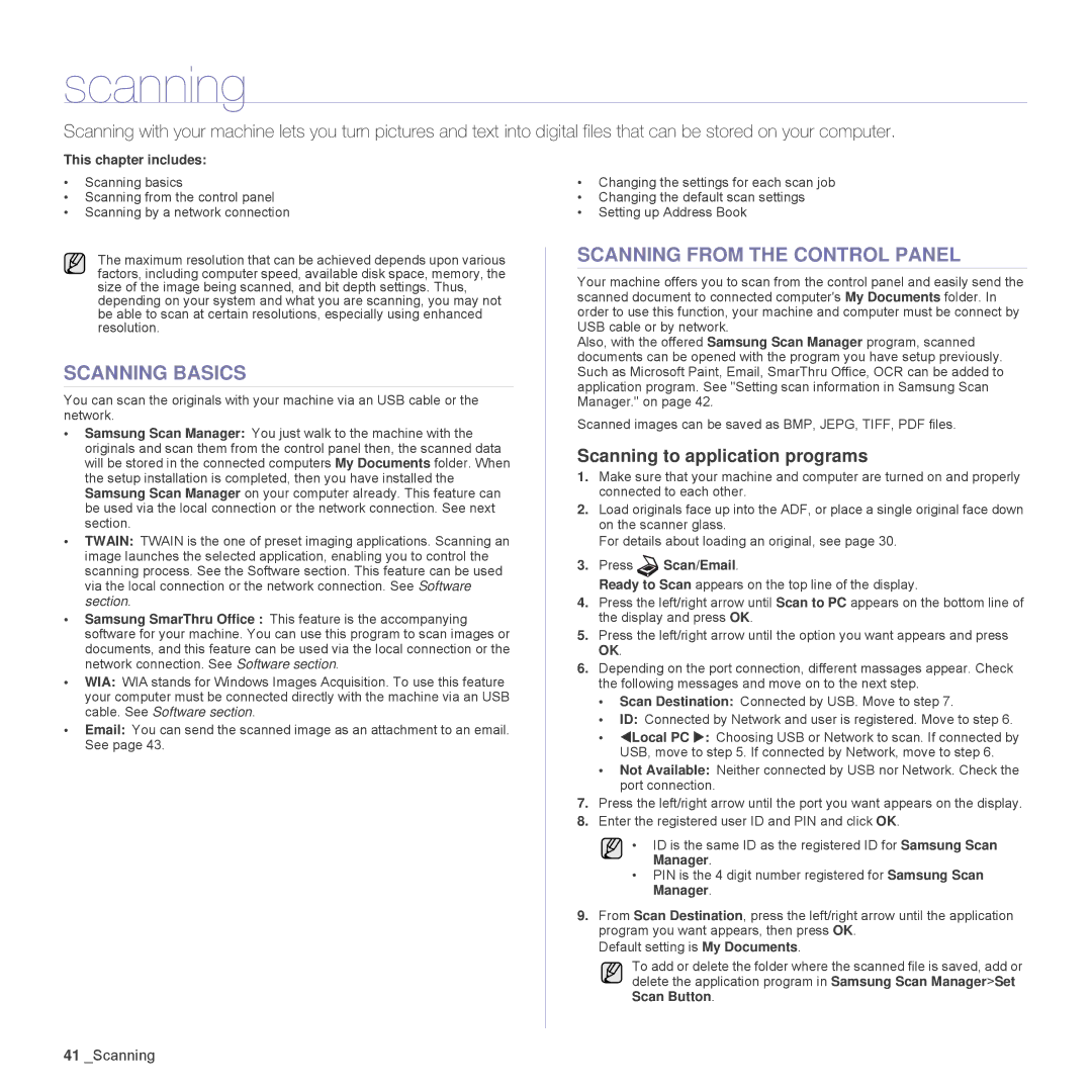 Samsung SCX4826FN Scanning Basics, Scanning from the Control Panel, Scanning to application programs, Press Scan/Email 