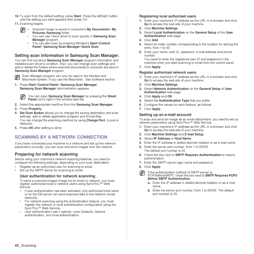 Samsung SCX-4x26, SCX4826FN manual Scanning by a Network Connection, Setting scan information in Samsung Scan Manager 