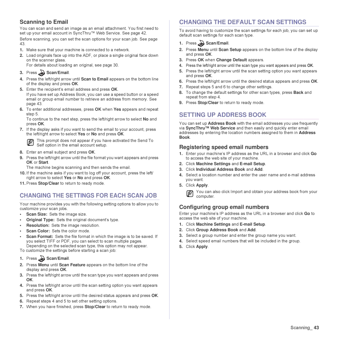 Samsung SCX4826FN Changing the Settings for Each Scan JOB, Changing the Default Scan Settings, Setting UP Address Book 