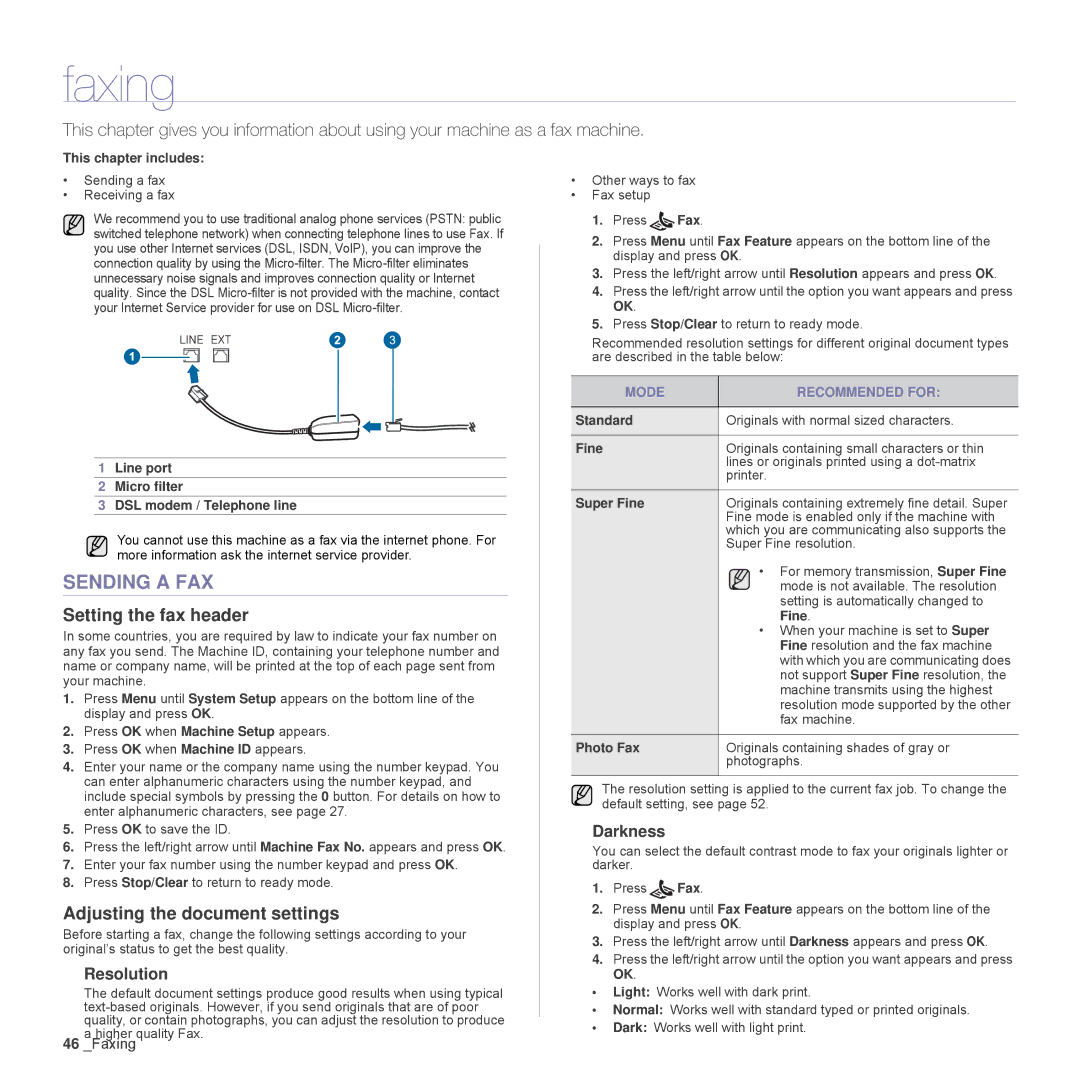 Samsung SCX-4x26, SCX4826FN manual Faxing, Sending a FAX, Setting the fax header, Adjusting the document settings 